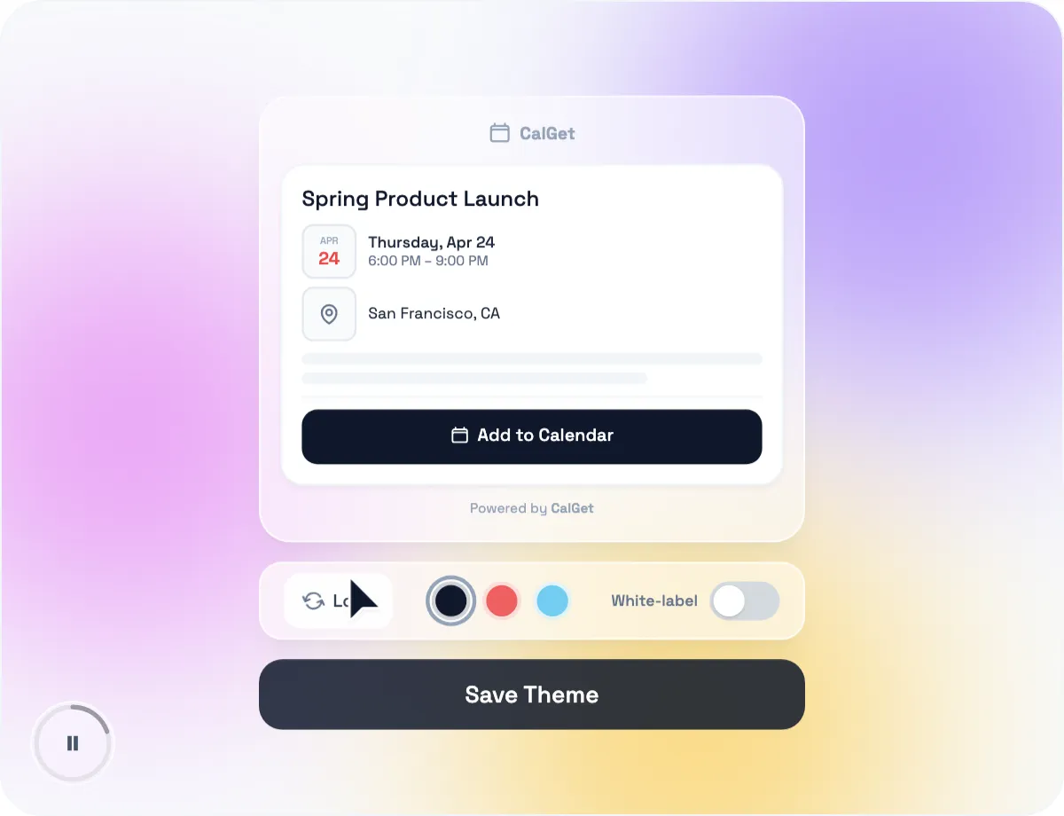 A branded CalGet event page with a custom logo, brand colors and a white-label toggle
