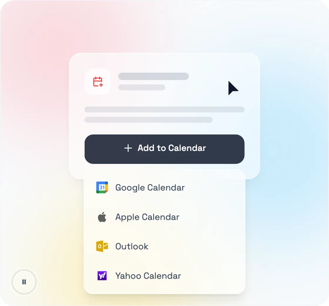 CalGet 'Add to Calendar' button opening a menu with Google Calendar, Apple Calendar, Outlook and Yahoo Calendar