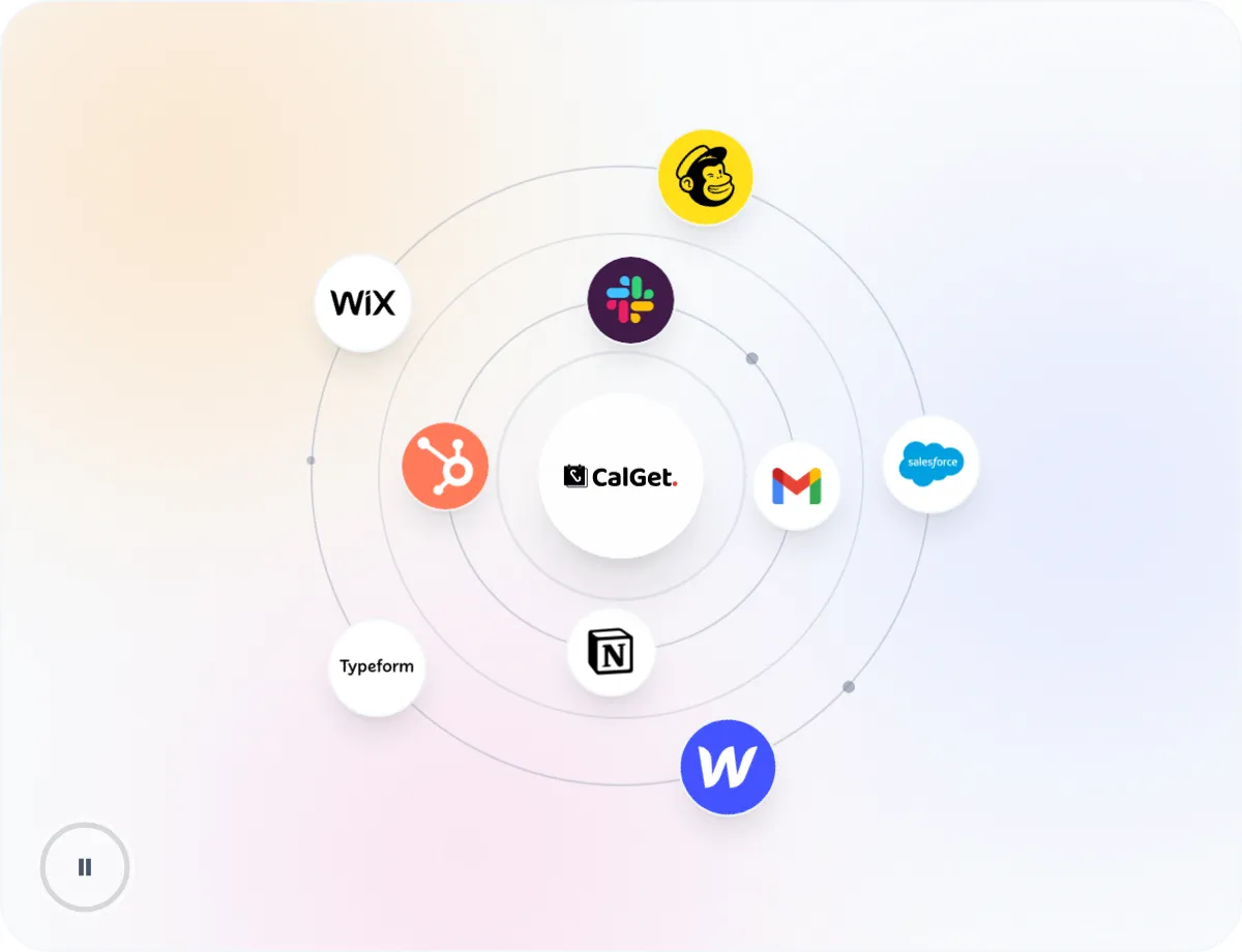 CalGet connecting to tools like Mailchimp, Slack, HubSpot, Gmail, Salesforce, Notion and Zapier