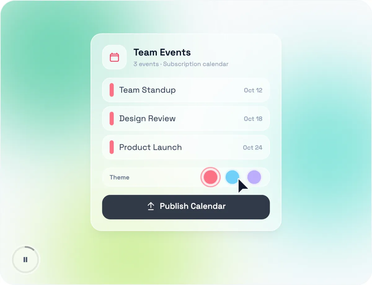 A CalGet subscription calendar listing team events that people can follow in their own calendar